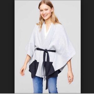 LOFT grey and charcoal black color blocked belted cardigan poncho shawl sweater
